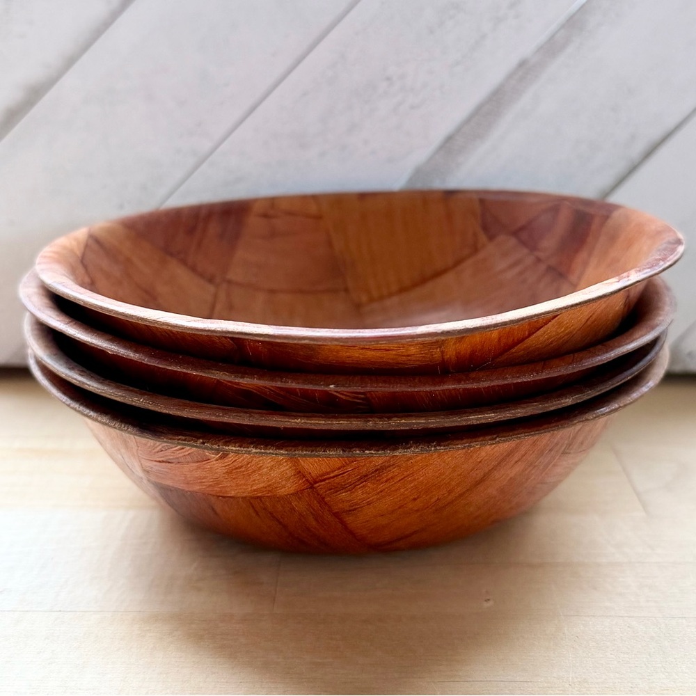 Vintage Woven Parquet Weave Wood Salad Soup Bowls Mid Century Modern Set Of 4 - Picture 3 of 3